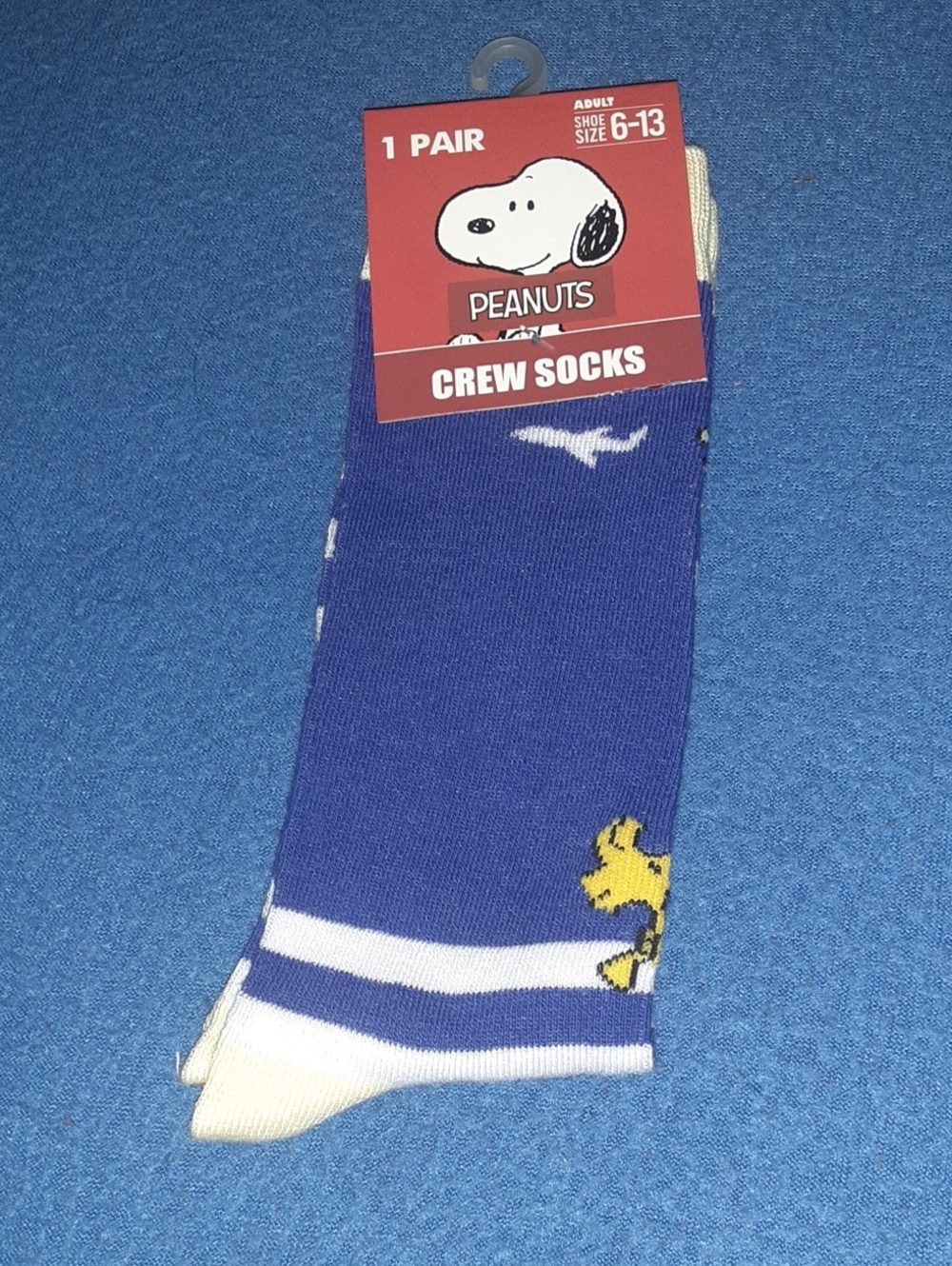Peanuts Purple Crew Socks with White Stripes and Yellow Woodstock